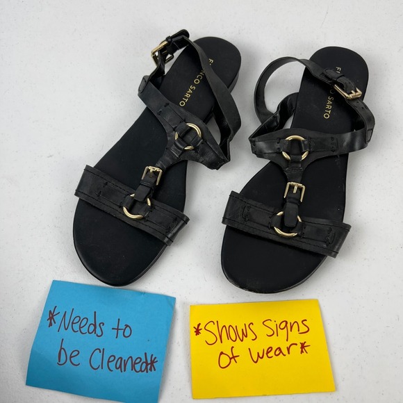 Franco Sarto Strappy Sandals Womens 10M Black‎ Leather Flat Heel Buckle Vacation - Picture 15 of 16